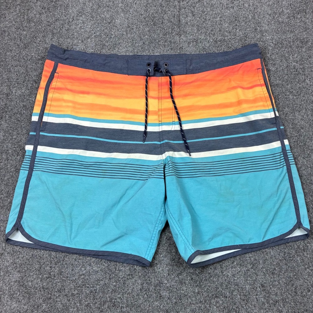 George Mens Size XL 46W Board Shorts Blue Orange Sunset Striped Swim Trunks
